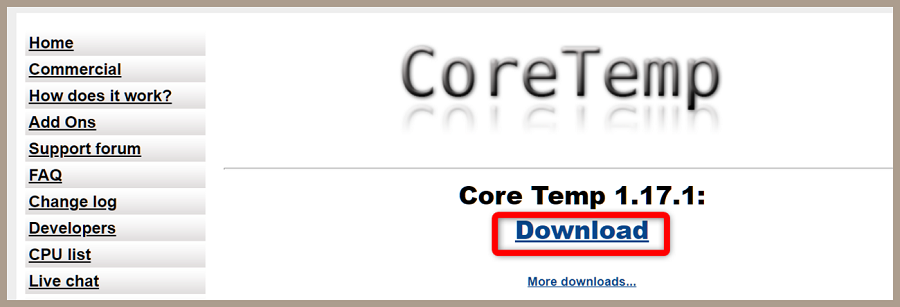CoreTempダウンロードページ