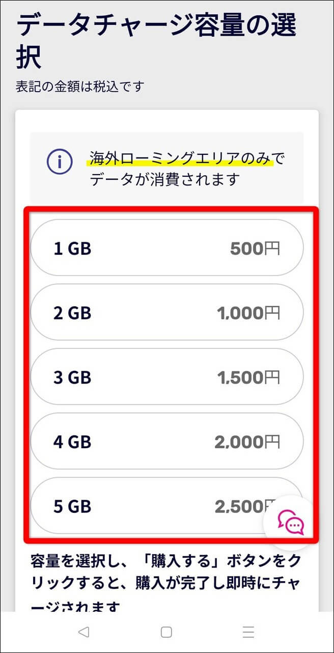 楽天モバイル海外データチャージ容量選択画面