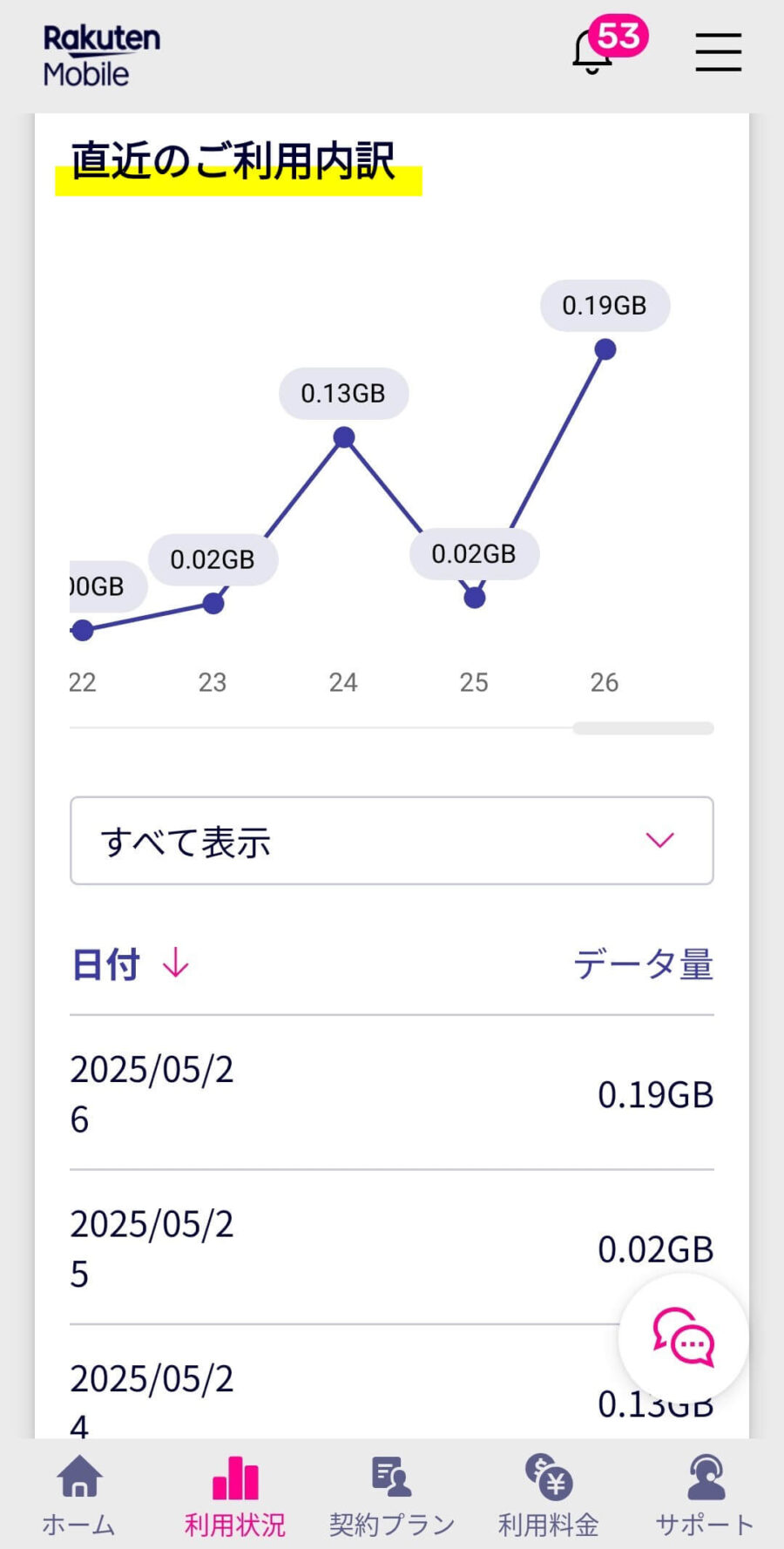 直近のご利用内訳画面