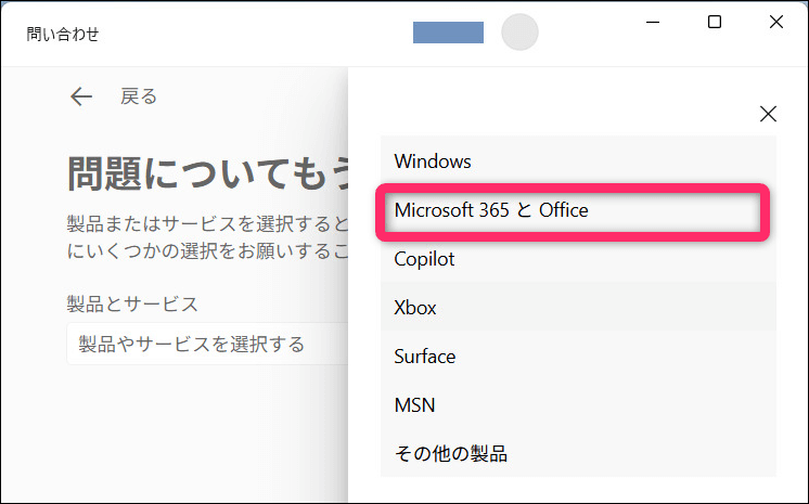 問い合わせシステムで製品とサービスを選択する画面