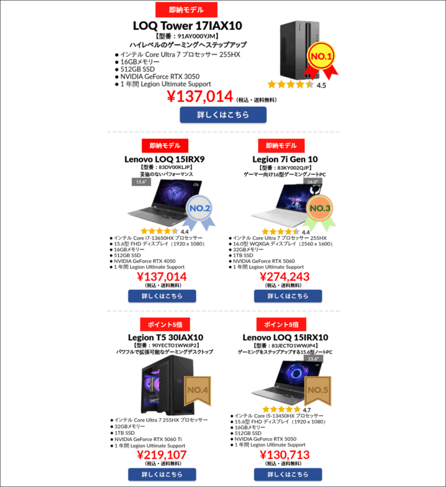 20025年9月レノボゲーミングPCのTOP5画像