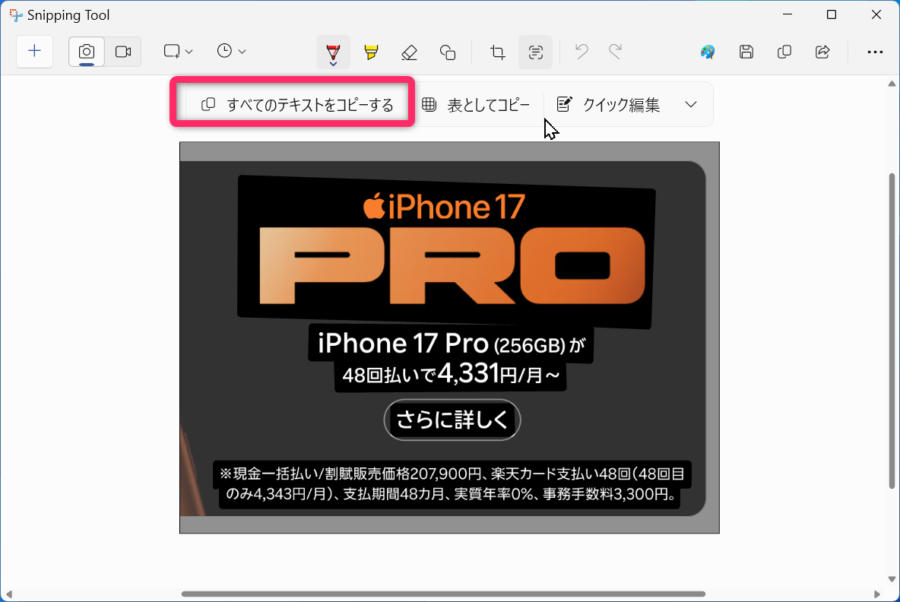 「すべてのテキストをコピーする」をクリックする