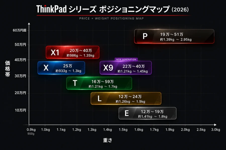 ThinkPad シリーズポジショニングマップイラスト（価格帯と重さ）
